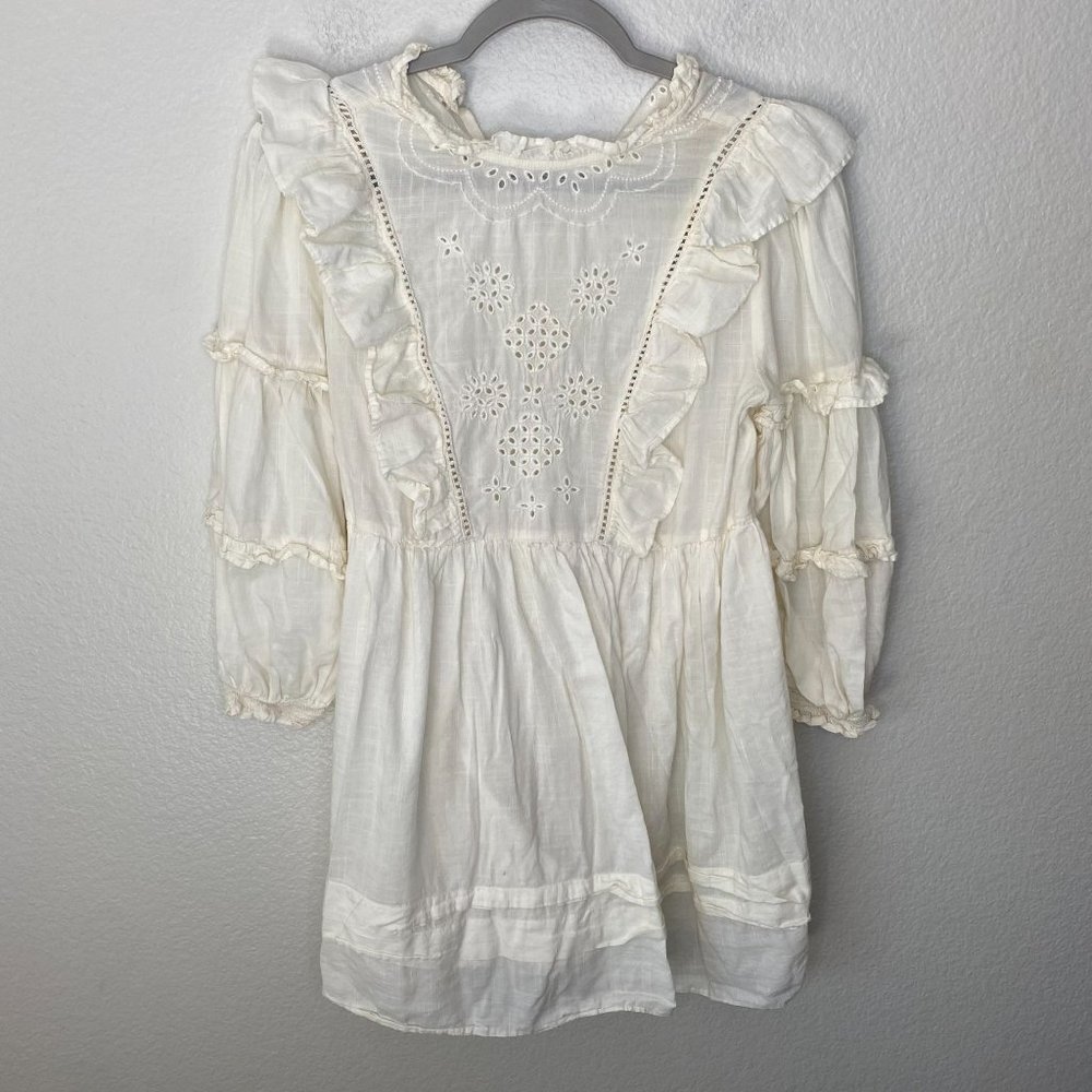 Urban Outfitters Boho Peasant Eyelet Mini Dress Ruffle Front 3/4 Sleeves M